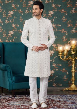 Cream Sequins Embroidered Men Sherwani