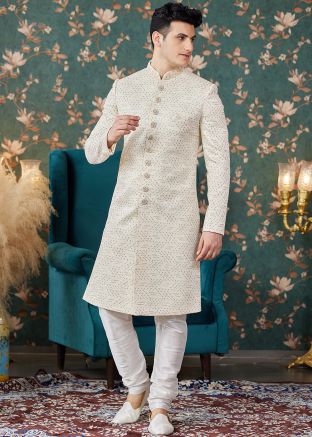 Cream Sequins Embroidered Men Sherwani