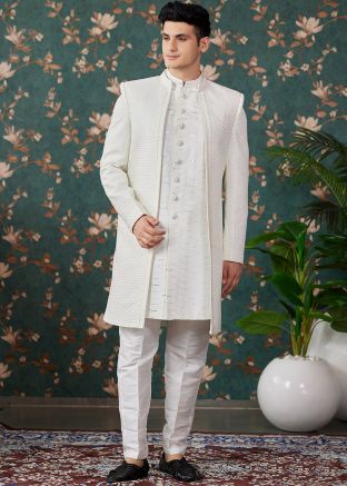 Cream Sequins Embroidered Men Indo Western Sherwani