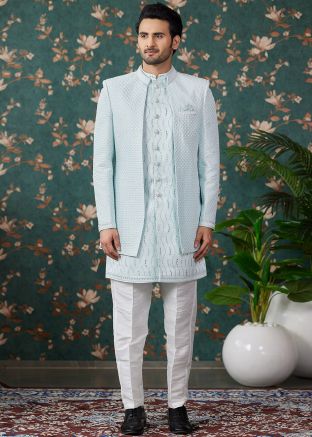 Blue Embroidered Indo Western Sherwani With Jacket