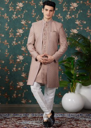 Brown Embroidered Indo Western With Jacket