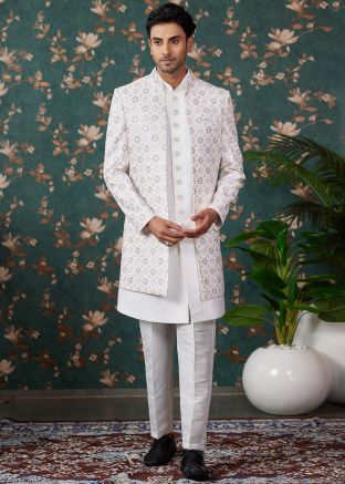 White Embroidered Indo Western Sherwani In Art Silk