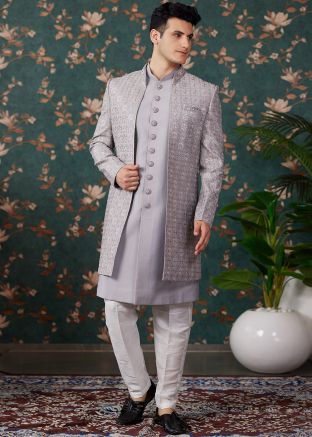 Grey Embroidered Indo Western Sherwani With Jacket