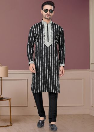 Readymade Black Embroidered Men Kurta Pajama