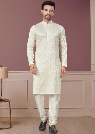 Readymade White Men Embroidered Kurta Pajama