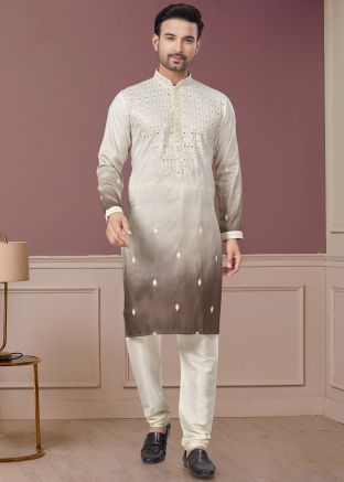 Shaded Cream & Brown Embroidered Kurta Pajama Set