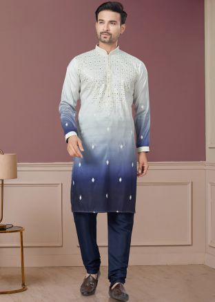 White & Blue Embroidered Silk Kurta Pajama