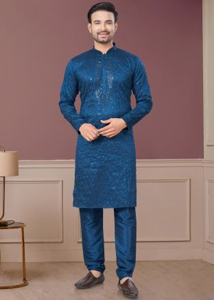 Readymade Blue Embroidered Kurta Pajama Set