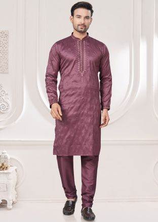 Men Dark Mauve Purple Embroidered Kurta Pajama