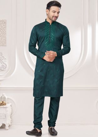 Teal Blue Embroidered Art Silk Kurta With Pajama