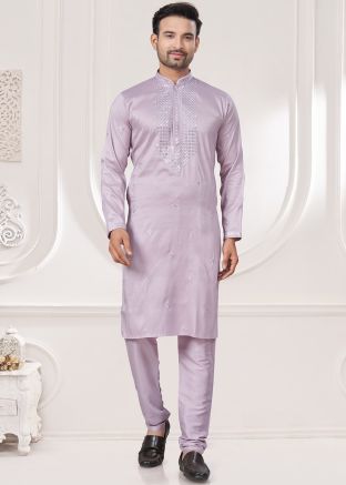 Light Pink Thread Embroidered Kurta Pajama