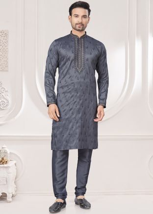 Grey Thread Embroidered Kurta Pajama Set