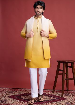Shaded Yellow Men Embroidered Kurta With Stole