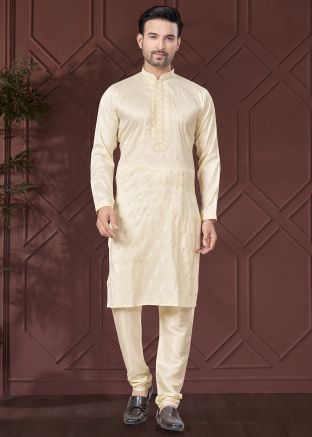Cream Embroidered Men Kurta Pajama In Silk