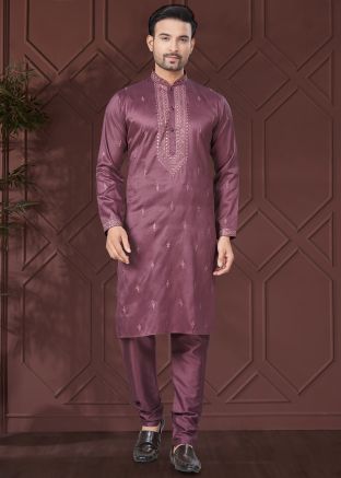Purple Embroidered Silk Men Kurta Pajama