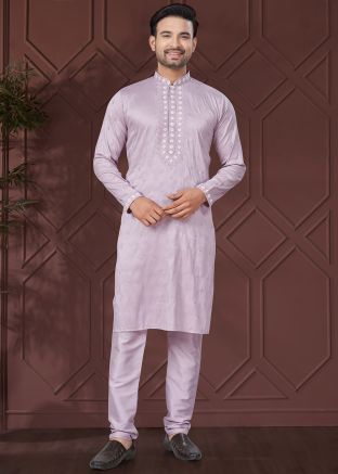Purple Embroidered Silk Men Kurta Pajama