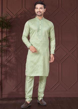 Green Embroidered Silk Men Kurta Pajama