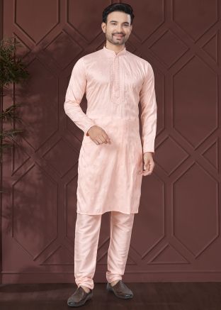 Pink Embroidered Men Kurta Pajama