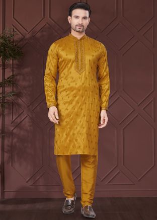 Yellow Embroidered Kurta Pajama In Silk