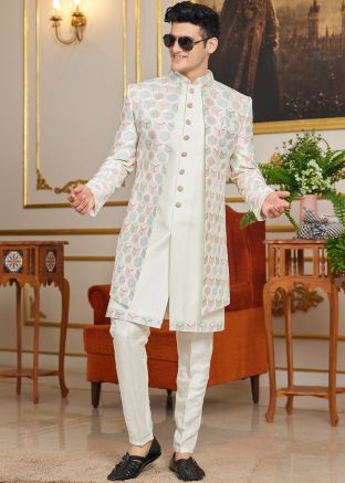 Readymade Cream Embroidered Jacket Style Indo Western Sherwani