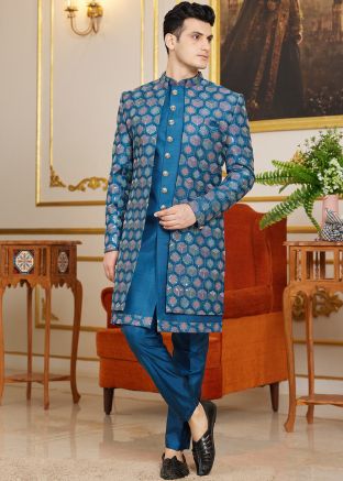 Blue Embroidered Jacket Style Indo Western Sherwani