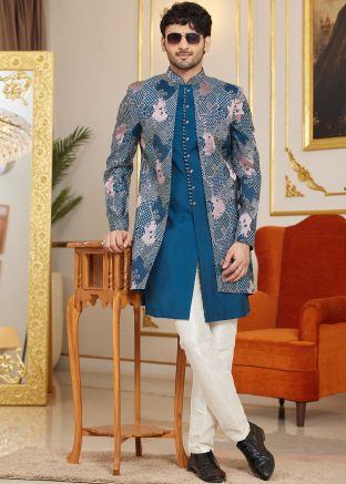 Blue Embroidered Jacket Style Indo Western Sherwani