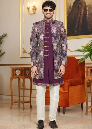 Jacket Style Wine Embroidered Indo Western Sherwani