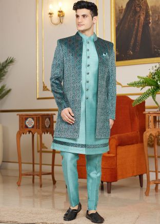 Turquoise Men Embroidered Indo Western Sherwani
