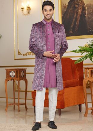 Mauve Purple Men Embroidered Indo Western Sherwani