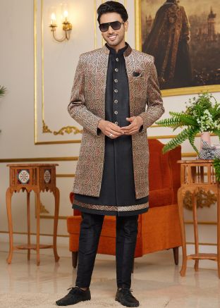 Black Jacket Style Men Embroidered Indo Western Sherwani