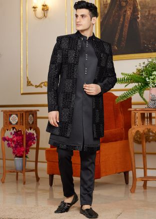Black Embroidered Indo Western Sherwani & Jacket