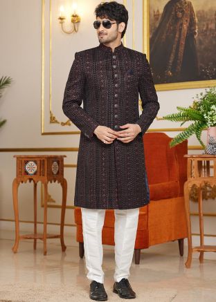 Black Thread Embroidered Indo Western Sherwani