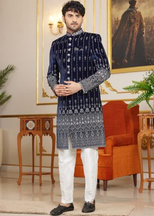 Navy Blue Thread Embroidered Indo Western Sherwani