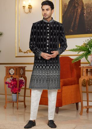 Black Embroidered Indo Western Sherwani For Men