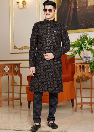 Thread Embroidered Indo Western Sherwani In Black