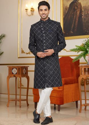 Black Men Embroidered Indo Western Sherwani