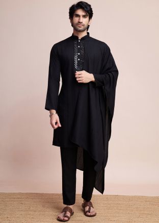 Black Embroidered Kurta Pajama With Stole