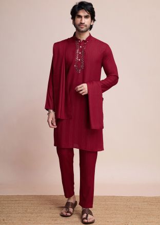 Maroon Embroidered Kurta Pajama In Silk