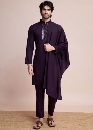 Purple Embroidered Kurta Pajama With Stole