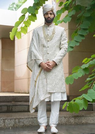 Off White Embroidered Sherwani Set