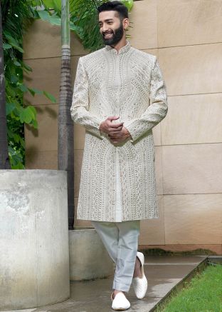 Cream Sequins Embroidered Sherwani Set