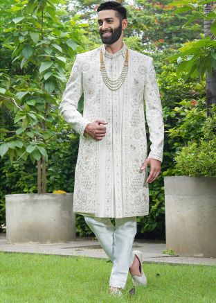 Off White Embroidered Sherwani Set