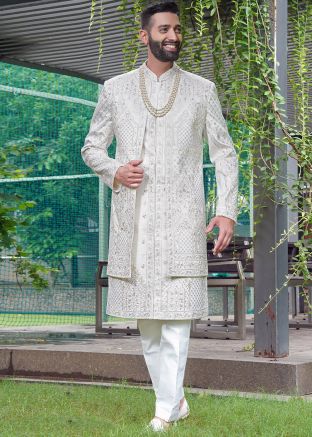 Off- White Embroidered Sherwani Set