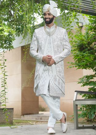 Off-White Stone Sherwani Set In Silk