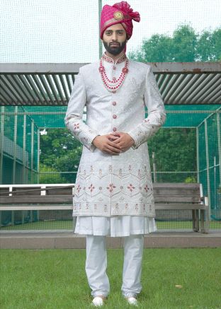 Off-White Embroidered Silk Sherwani Set