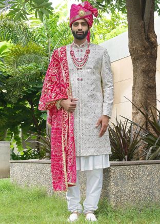 Off-White Embroidered Silk Sherwani Set