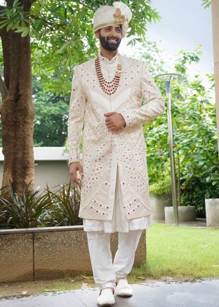 Cream Embroidered Sherwani Set In Silk