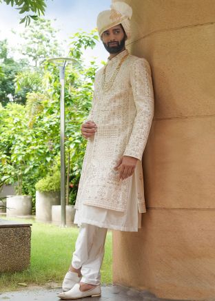 Cream Embroidered Silk Sherwani Set