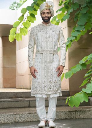Off-White Embroidered Silk Sherwani Set