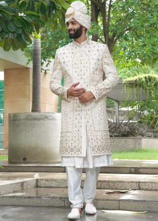 Off-White Stone Work Silk Sherwani Set
